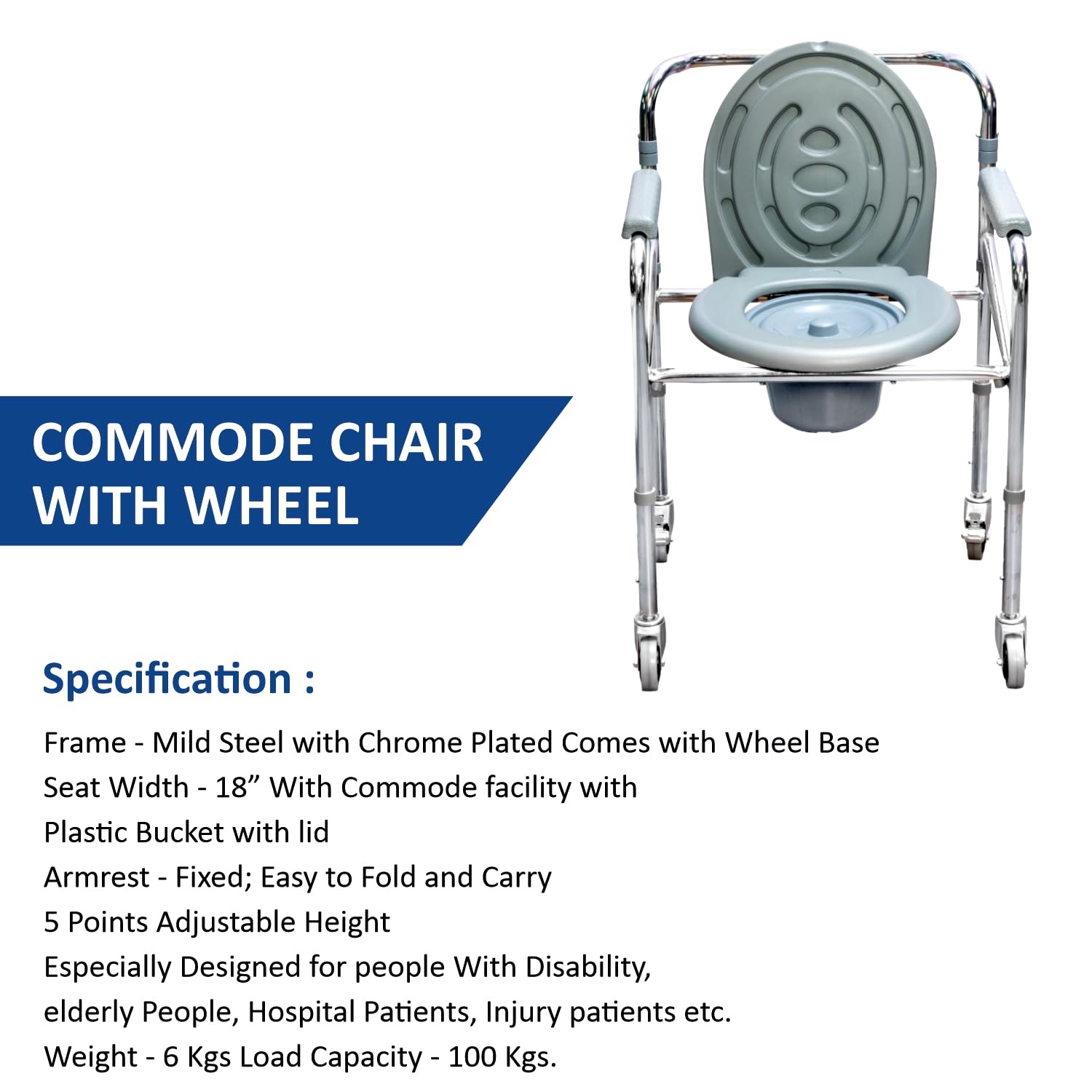 Picture of Luxury commode chair with elegant design and comfortable seating With Wheel Chair - Lightweight, Foldable, Removable U-Shaped Commode, Adjustable Height, Padded Seat & Armrests, Ideal for Seniors, Home & Hospital Use 