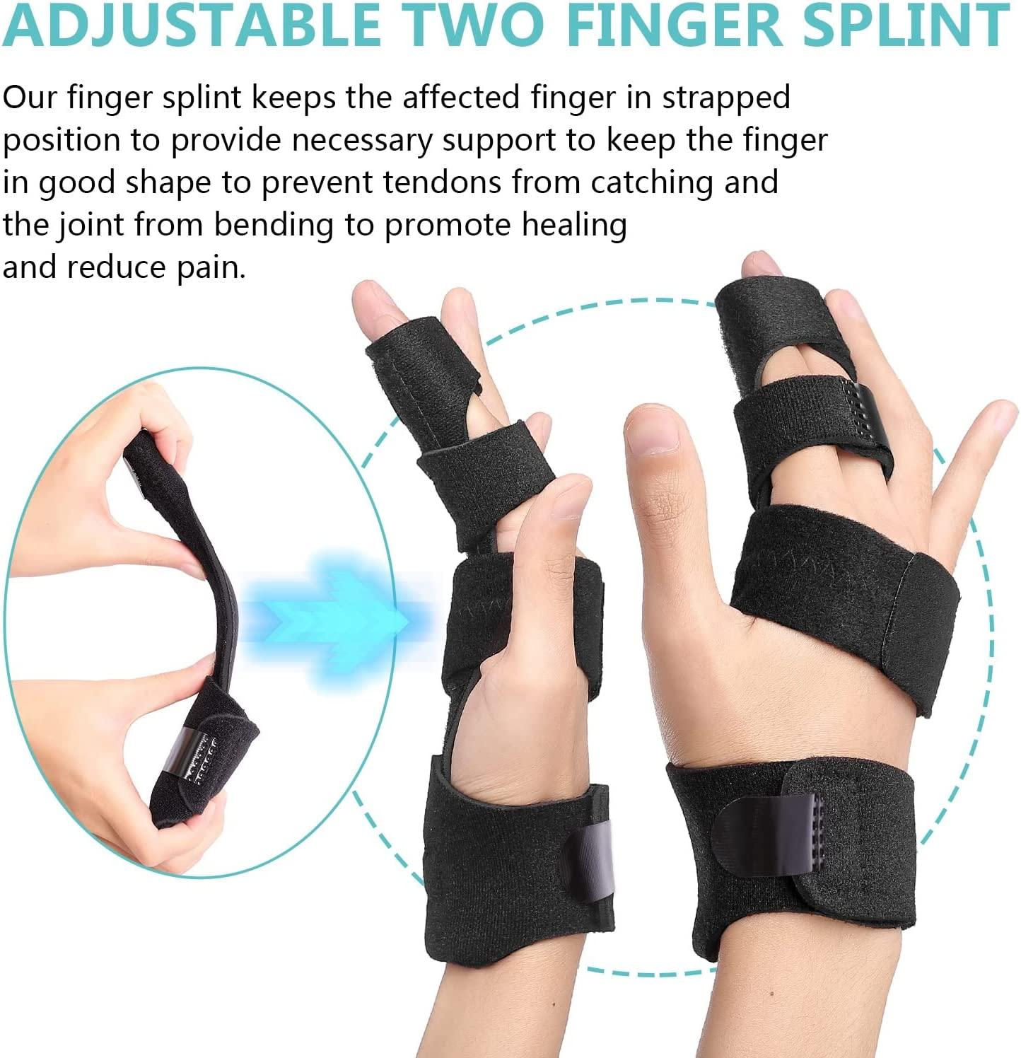 Picture of Two Fingers Splint Durable Breathable Finger Pain Relief Adjustable Elastic Strap Finger Splint for Broken Fingers Black