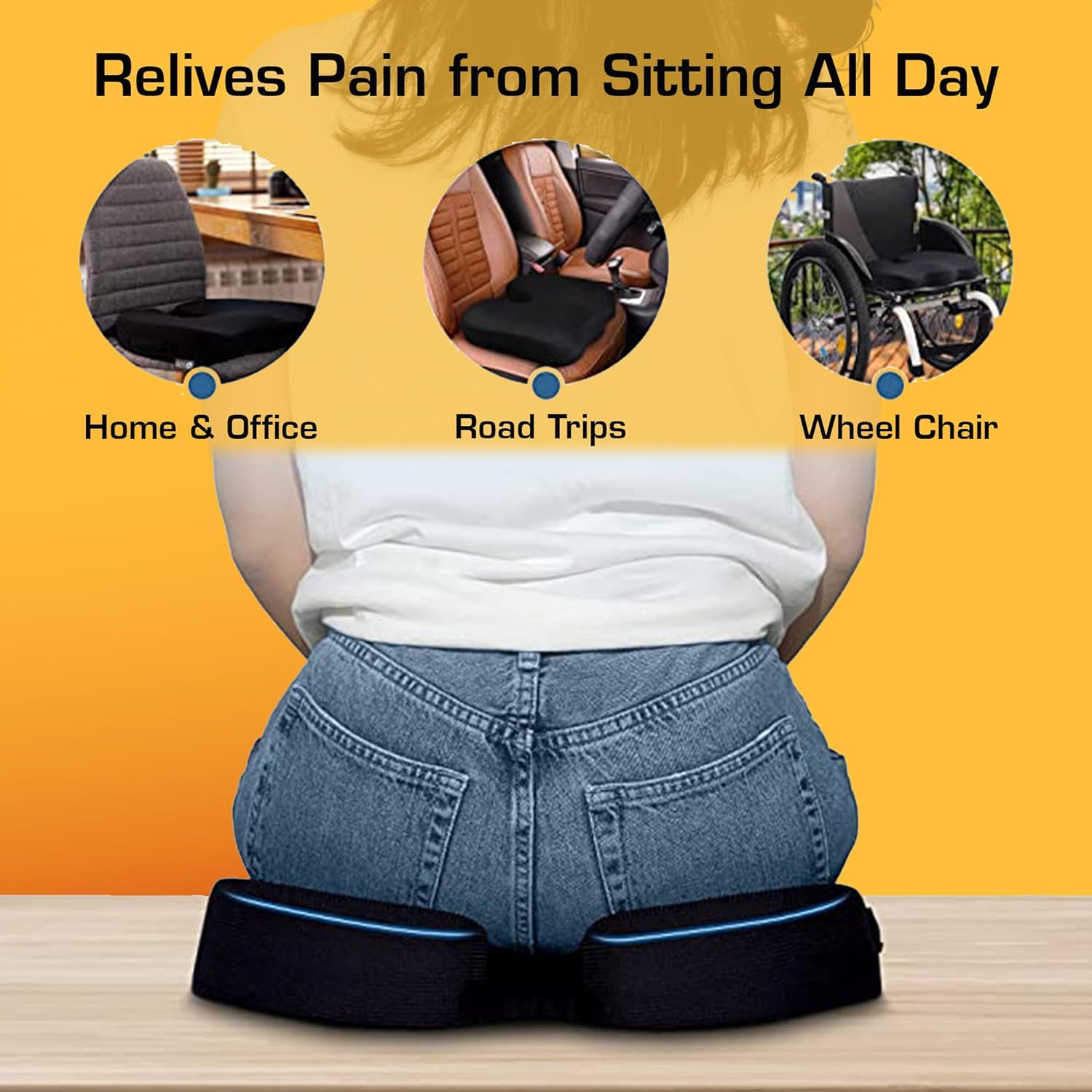 Picture of Memory Foam Coccyx Seat Cushion for Tai-lbone, Sci-atica, Lower Back Pa-in Relief H-ip Support Pillow Cont-oured Cushion for Office/Home Chair, Wheelchair. 