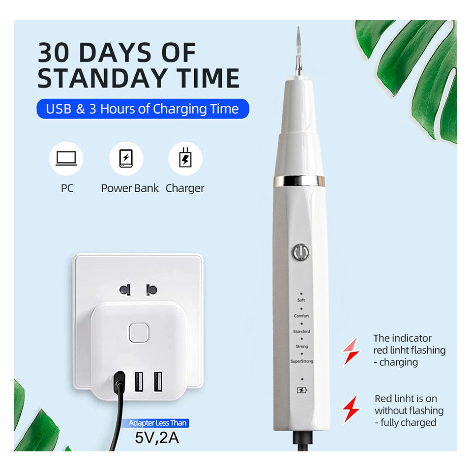 Picture of Ultrasonic Tooth Cleaner - Plaque Remover for Teeth Remove Teeth Stain tarter Plaque Calculus - with Led 3 Adjustable Modes 2 Replaceable Clean Heads - 100% Safe 