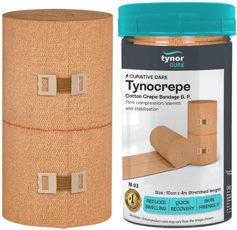 Picture of Tynor Tynocrepe Cotton Elastic Crepe Bandage, 10cm x 4m, Compression Support for Hand Knee Leg Wrist, Beige Multicolor