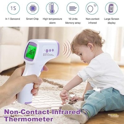 Picture of Pulse Oximeter Finger Blood Oxygen Sensor Saturation Monitor + Digital Forehead Thermometer Non-Contact Infrared Thermometer Red