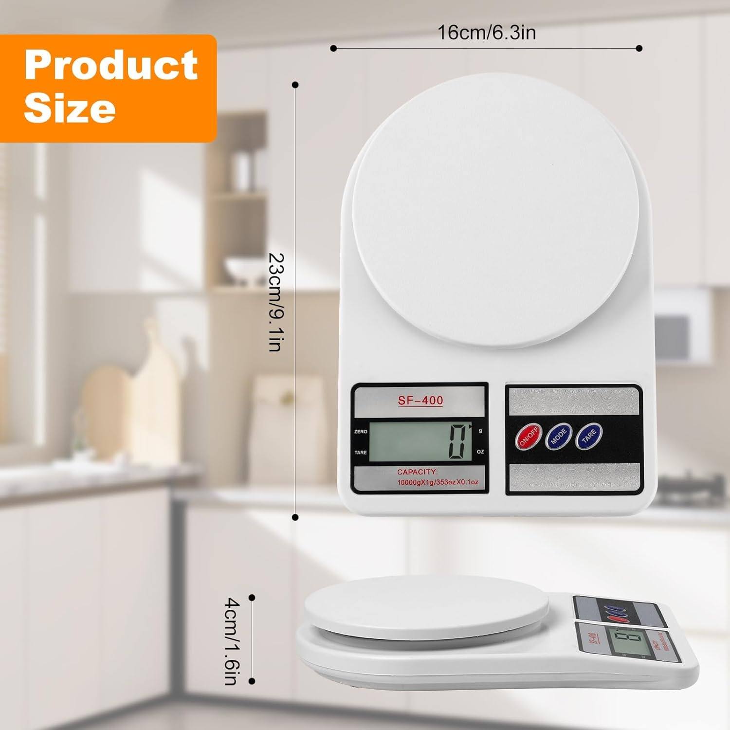 Picture of Kitchen Scale 22lb/10kg Capacity, Stainless Steel Food Scale with oz/g Units | Replaceable Battery Power | Ideal for Meal Prep, Cooking, Baking White