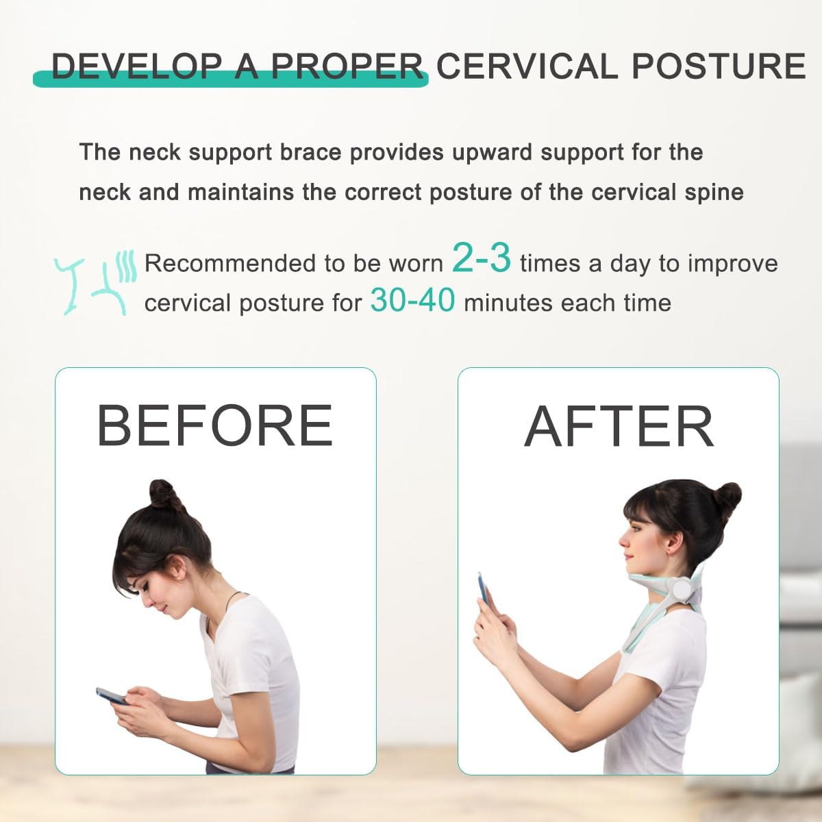 Picture of Neck Brace for Neck Pain and Support, 360° Adjustable Cervical Collar, Soft Neck Traction Device Neck Stretcher Orthotic Corrector, for Forward Head Posture Correction, Cervical Spine Pressure Relief 