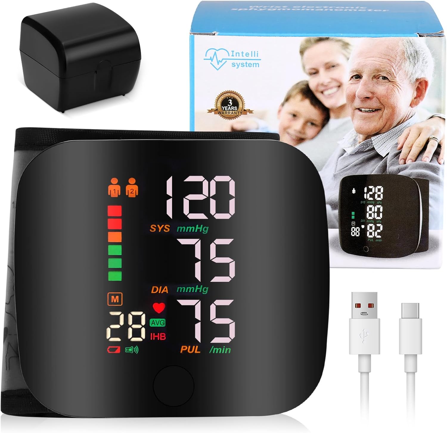 Picture of Wrist Blood Pressure Monitor with Large LCD Display, Automatic English Voice Output, Digital Wrist Blood Pressure Monitor with 2 x 99 Memory Spaces Multicolor
