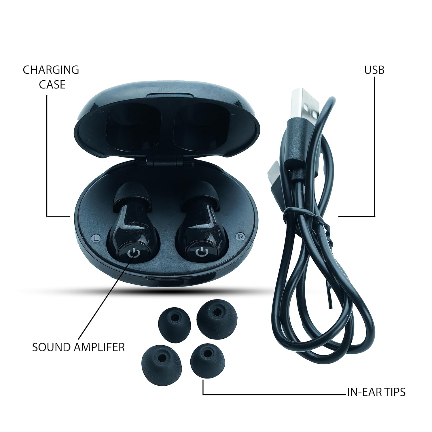 Picture of Digital Rechargeable Both Ear Wireless Finger Touch Both ear Mini CIC Hearing Aid Machine for Deaf (Black) 