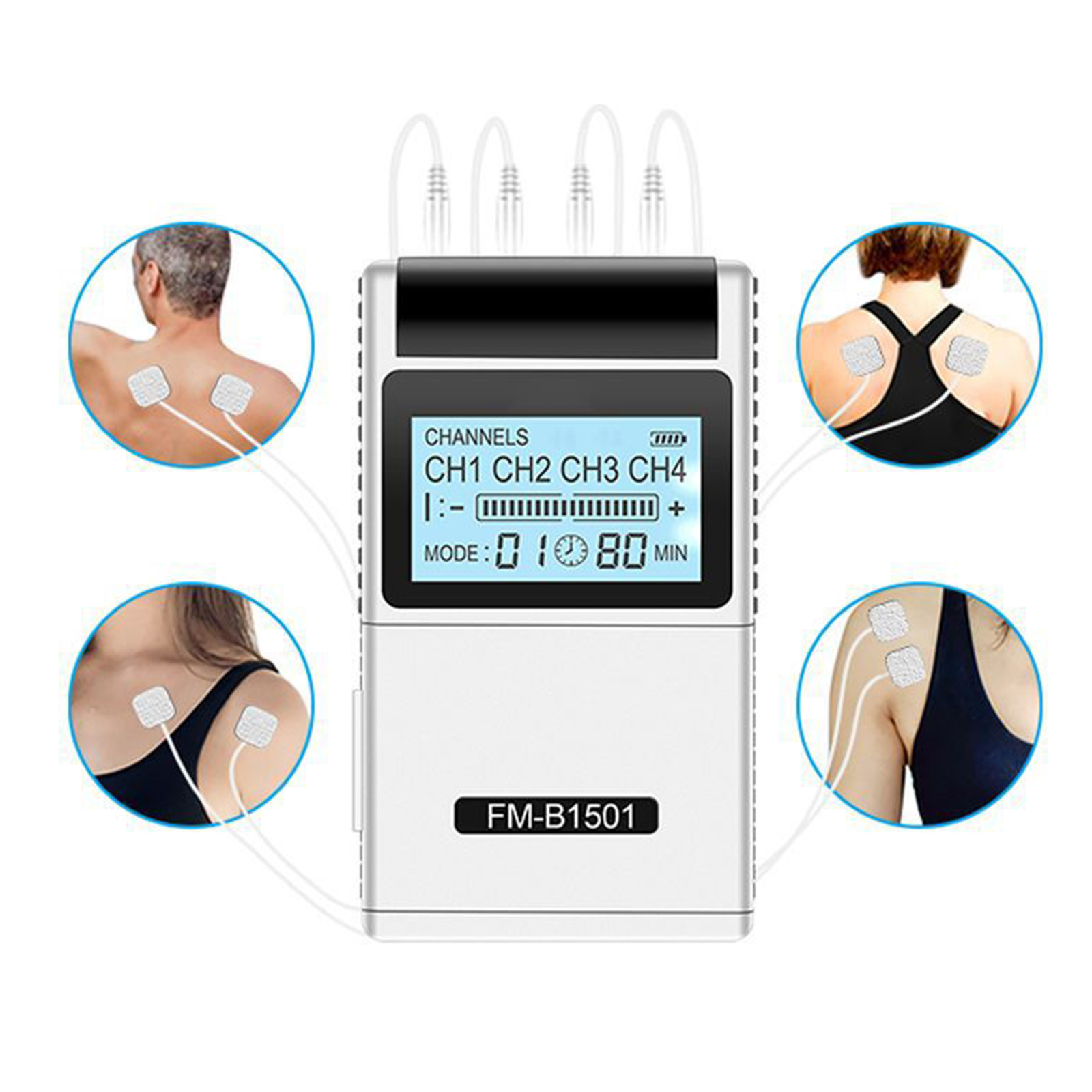 Picture of Migeet TENS EMS Muscle Stimulator 15 Modes & 4 Outputs 8 Pads for Natural Pain Relief Electric Pulse Impulse Mini Massager Machine Portable electrotherapy Machine Off White