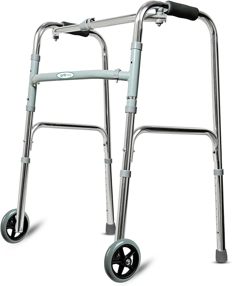 Picture of Folding Walker with wheel Portable Light Weight Height Adjustable Foldable Walker for Men Women Adults Patients & Old age People Silver