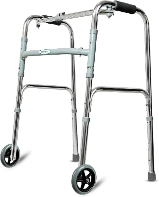 Picture of Folding Walker with wheel Portable Light Weight Height Adjustable Foldable Walker for Men Women Adults Patients & Old age People Silver
