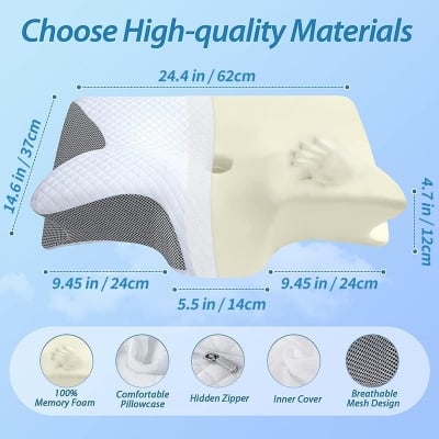Picture of HOMCA Memory Foam Cervical Pillow, 2 in 1 Ergonomic Contour Orthopedic Pillow for Neck Pain, Contoured Support Pillows for Side Back Stomach Sleepers Light Ash