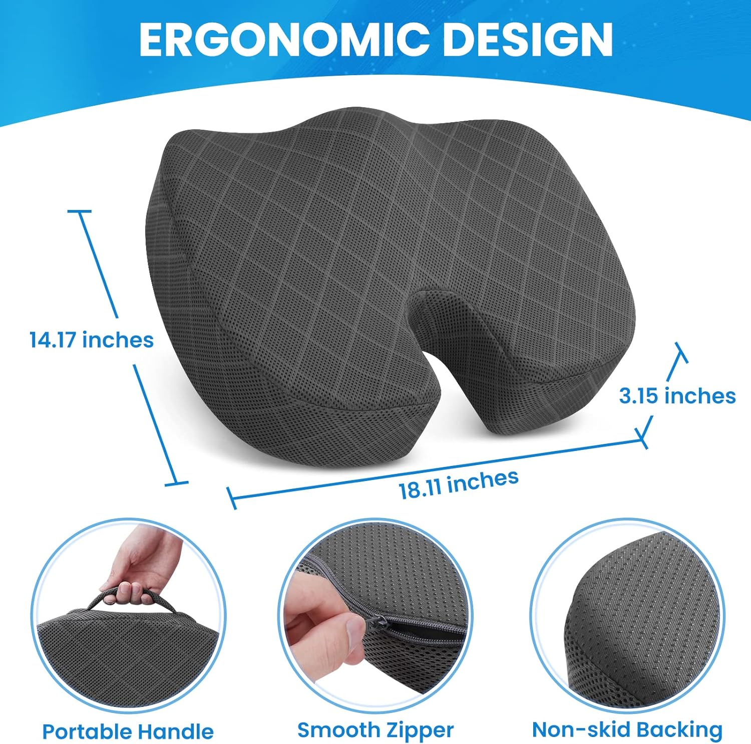 Picture of TushGuard Seat Cushion - Memory Foam Cushion for Office Chair, Car Seat, Airplane, Bleacher - Sciatica & Hip & Coccyx Pain Relief Desk Chair Cushion for Long Sitting Office Workers, Car Drivers Grey