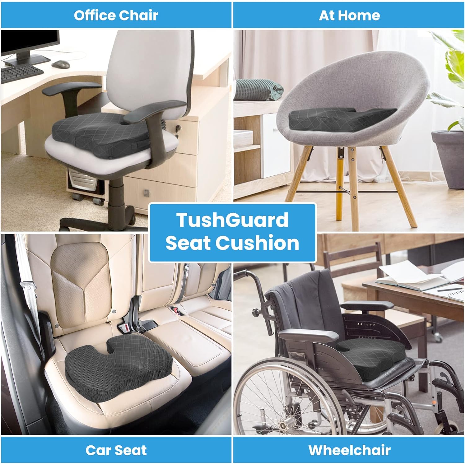 Picture of TushGuard Seat Cushion - Memory Foam Cushion for Office Chair, Car Seat, Airplane, Bleacher - Sciatica & Hip & Coccyx Pain Relief Desk Chair Cushion for Long Sitting Office Workers, Car Drivers Grey
