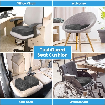 Picture of TushGuard Seat Cushion - Memory Foam Cushion for Office Chair, Car Seat, Airplane, Bleacher - Sciatica & Hip & Coccyx Pain Relief Desk Chair Cushion for Long Sitting Office Workers, Car Drivers Grey