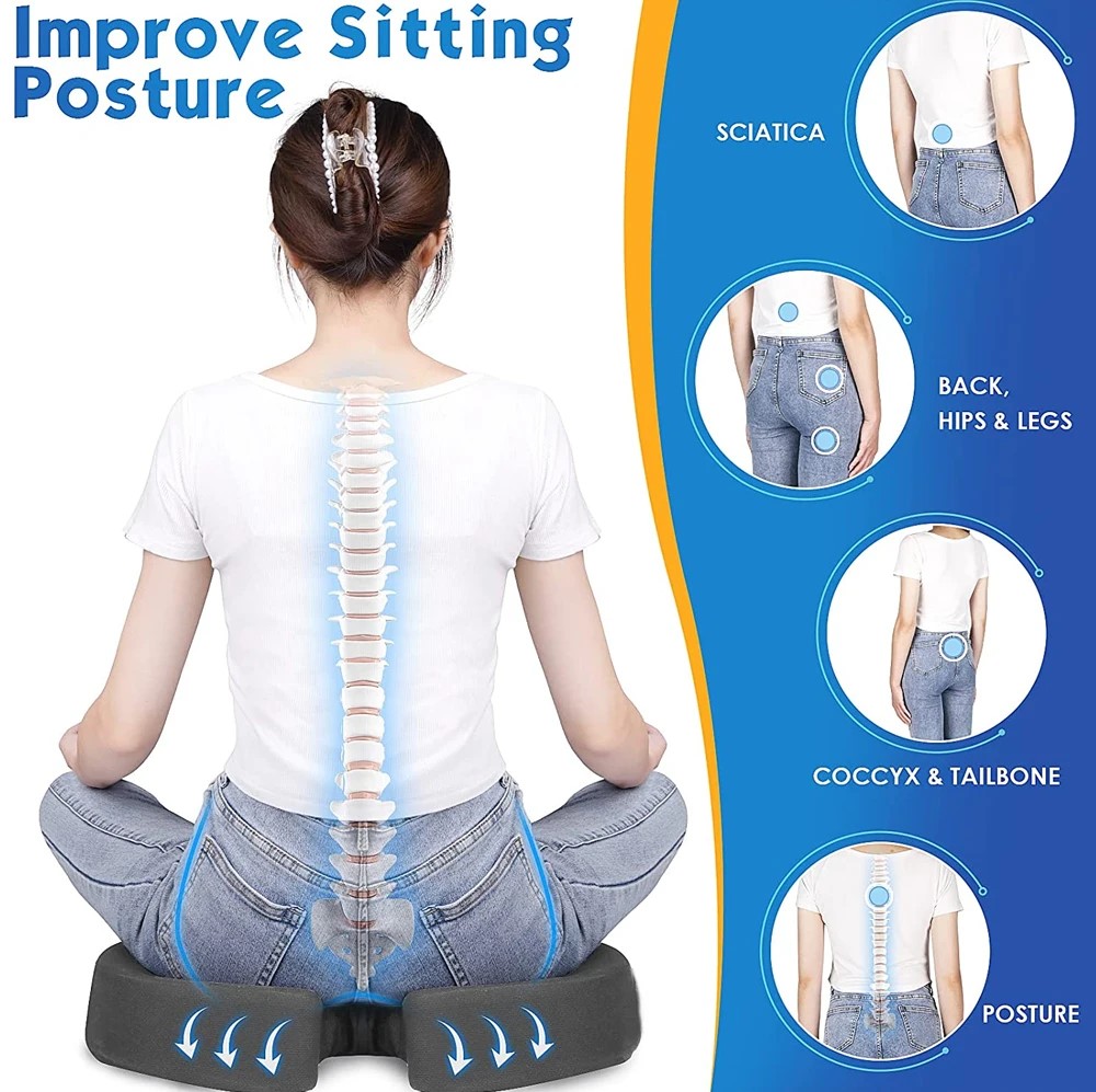 Picture of TushGuard Seat Cushion - Memory Foam Cushion for Office Chair, Car Seat, Airplane, Bleacher - Sciatica & Hip & Coccyx Pain Relief Desk Chair Cushion for Long Sitting Office Workers, Car Drivers Grey