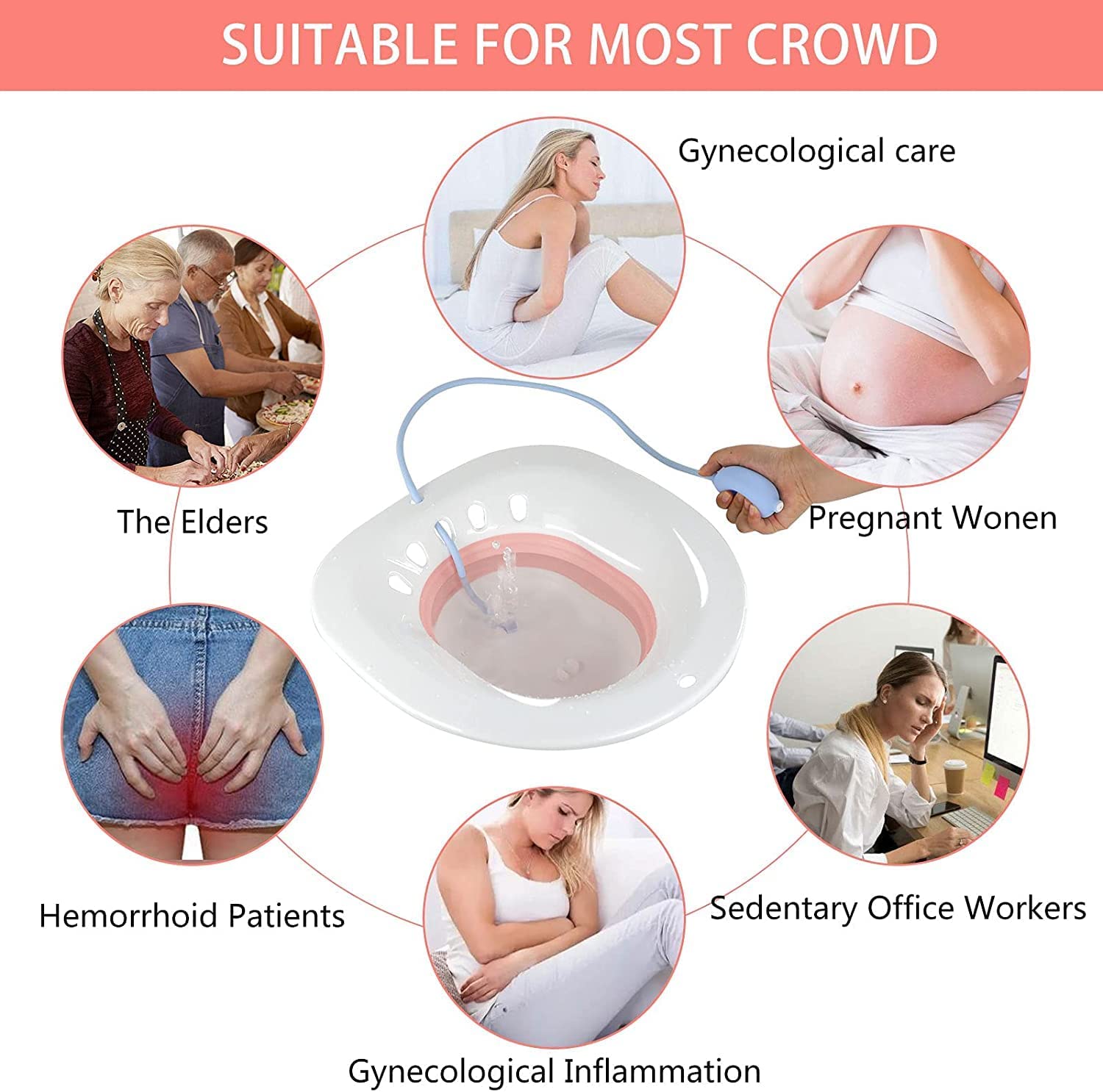 Picture of Sitz Bath, Sitz Bath for Hemorrhoids, Sitz Bath for Toilet Seat, Postpartum Care, Yoni Steam Seat for Women, Collapsible, Flusher Hose, Drain Holes, Wider Seating Area, Deeper Bowl Multicolor