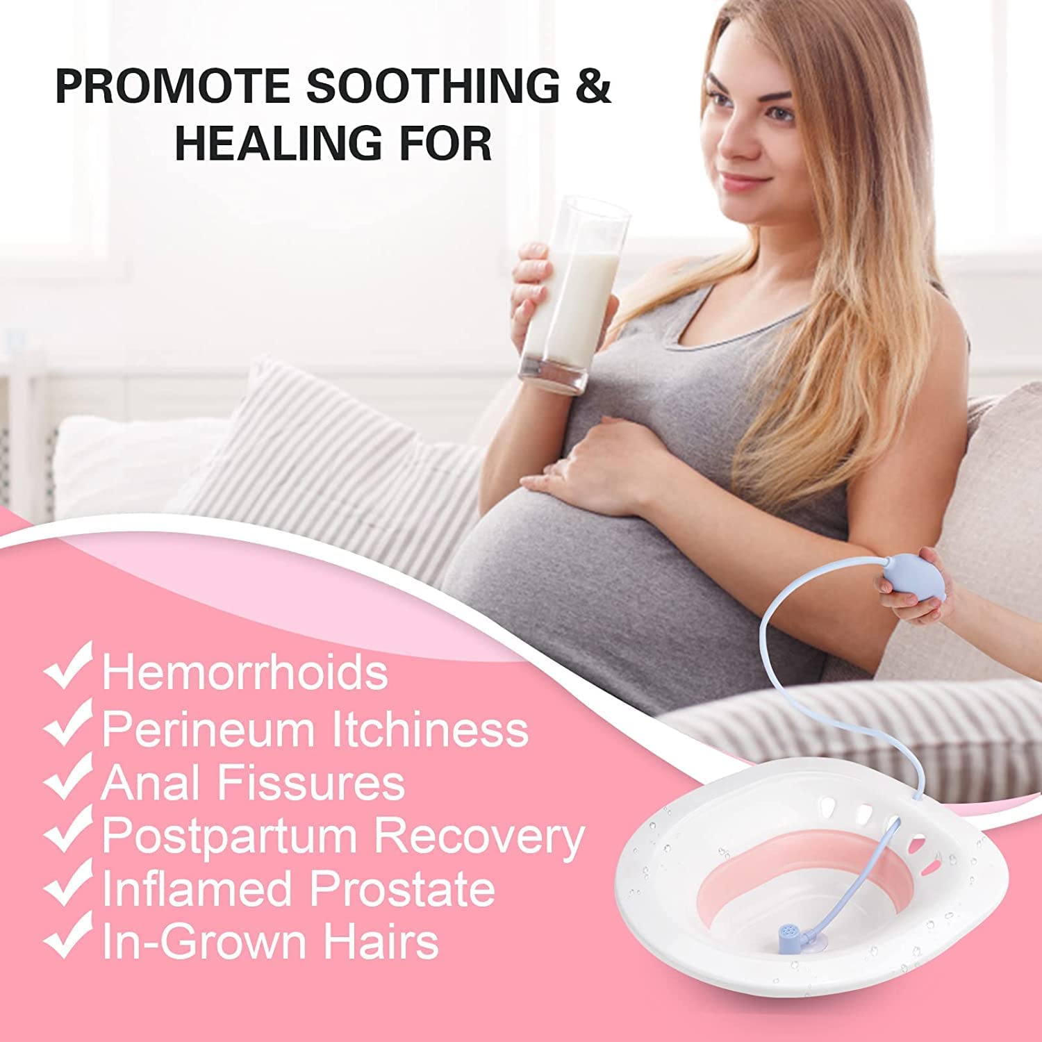 Picture of Sitz Bath, Sitz Bath for Hemorrhoids, Sitz Bath for Toilet Seat, Postpartum Care, Yoni Steam Seat for Women, Collapsible, Flusher Hose, Drain Holes, Wider Seating Area, Deeper Bowl Multicolor