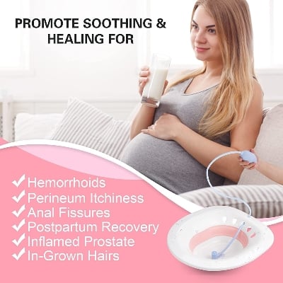 Picture of Sitz Bath, Sitz Bath for Hemorrhoids, Sitz Bath for Toilet Seat, Postpartum Care, Yoni Steam Seat for Women, Collapsible, Flusher Hose, Drain Holes, Wider Seating Area, Deeper Bowl Multicolor