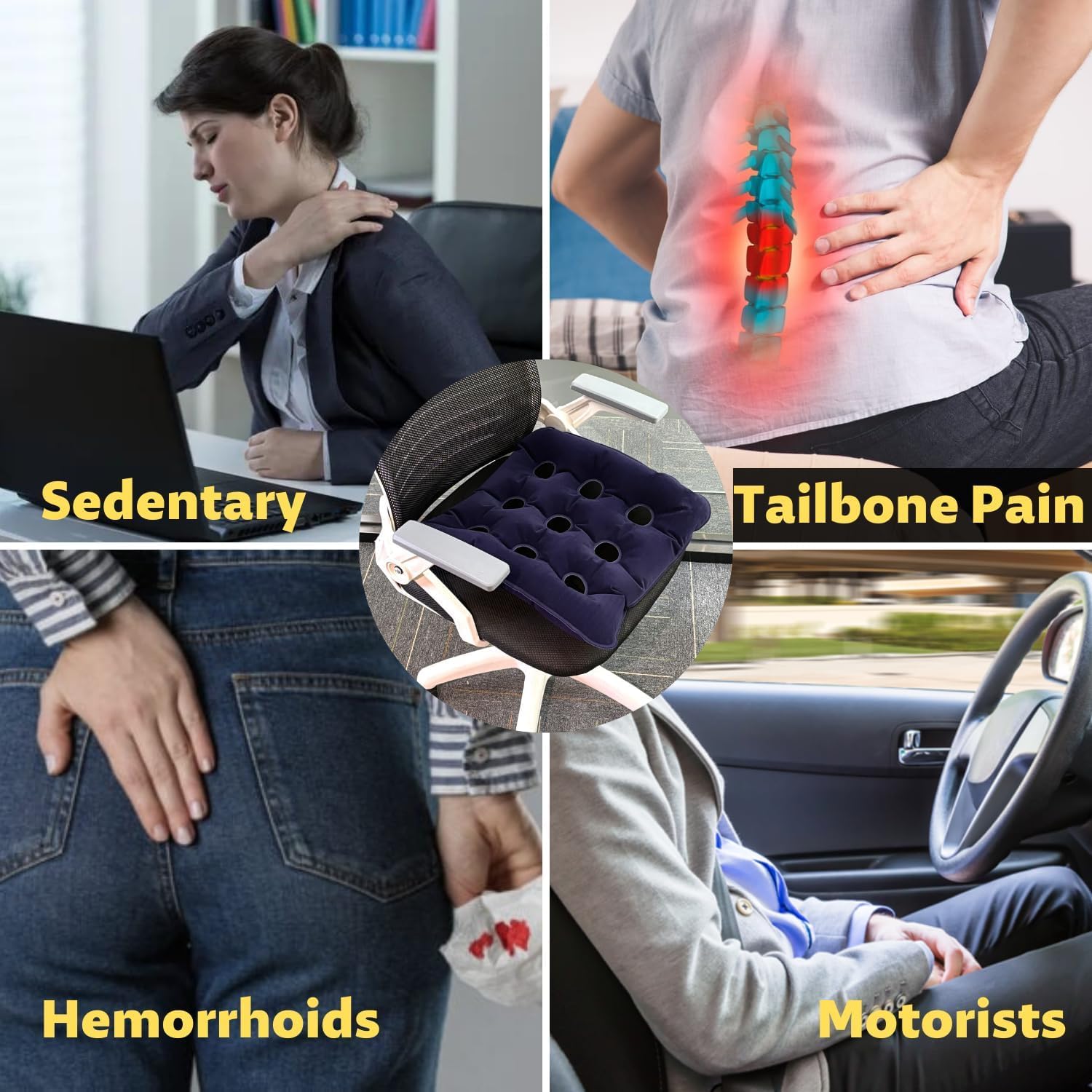 Picture of Inflatable Seat Air Cushions for Bottoms Flocking 16 Holes, Square Cushion Anti Bedsore with Bonus Air Pump for Wheelchair Office Chair Car Navy Blue