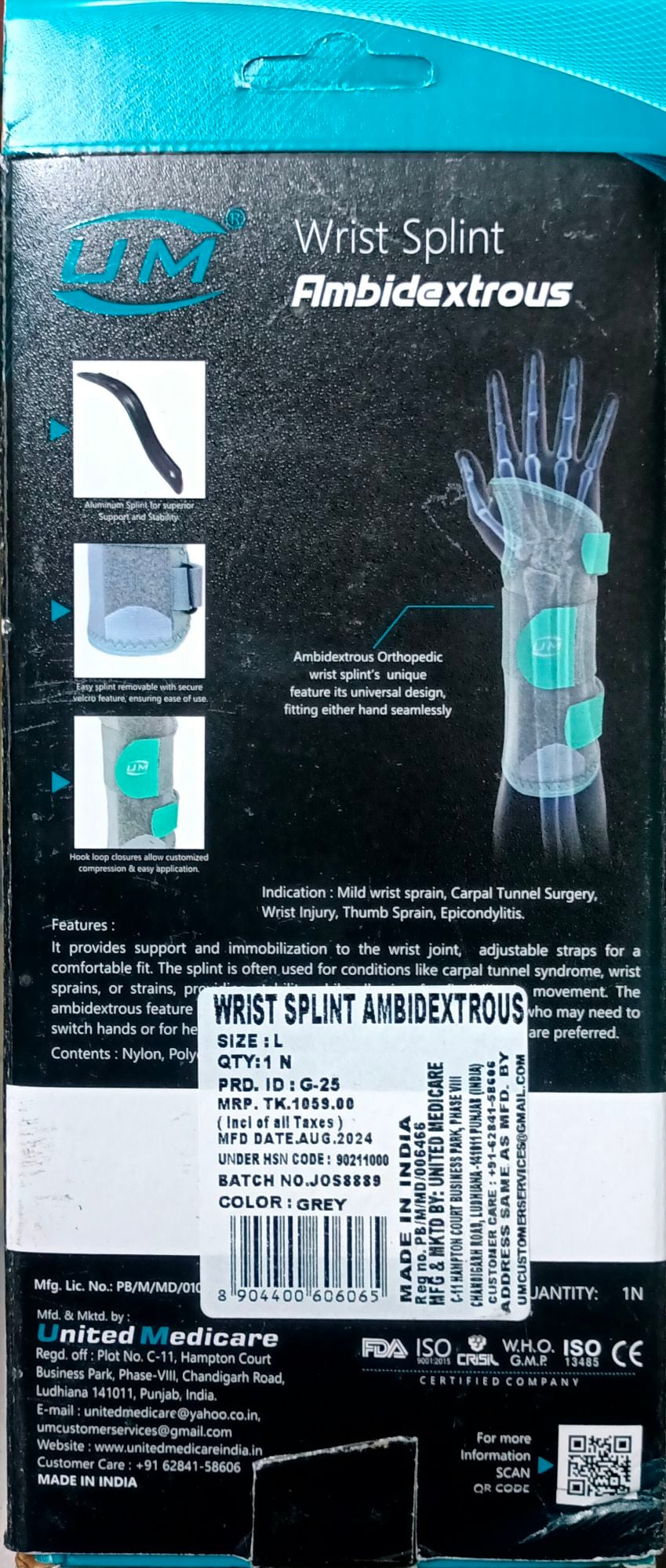 Picture of Wrist Splint ambidextrous (um) Grey