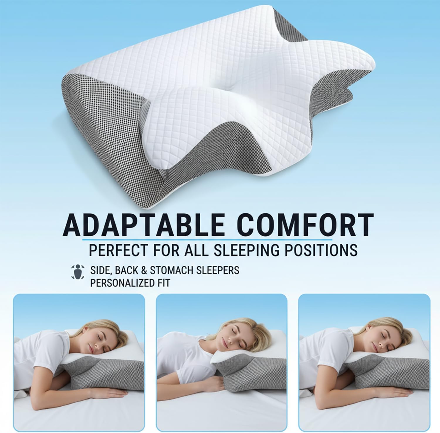 Picture of HOMCA Memory Foam Cervical Pillow, 2 in 1 Ergonomic Contour Orthopedic Pillow for Neck Pain, Contoured Support Pillows for Side Back Stomach Sleepers Multicolor