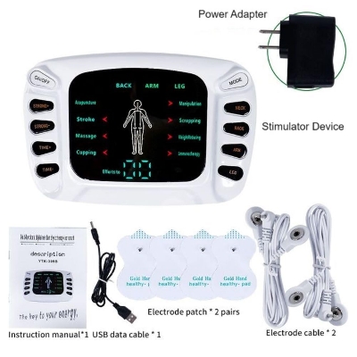 Picture of Dual Channel TENS Massager, Muscle Whole_Body Stimulator Pulse Massager Machine For Pain Relief Physiotherapy, 12 Modes | With 4 Gel Pads, Battery & USB Operated, LCD Display Multicolor