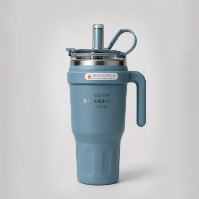 Picture of Steel Blue Insulated Tumbler Mug with Handle & Straw-1100ml