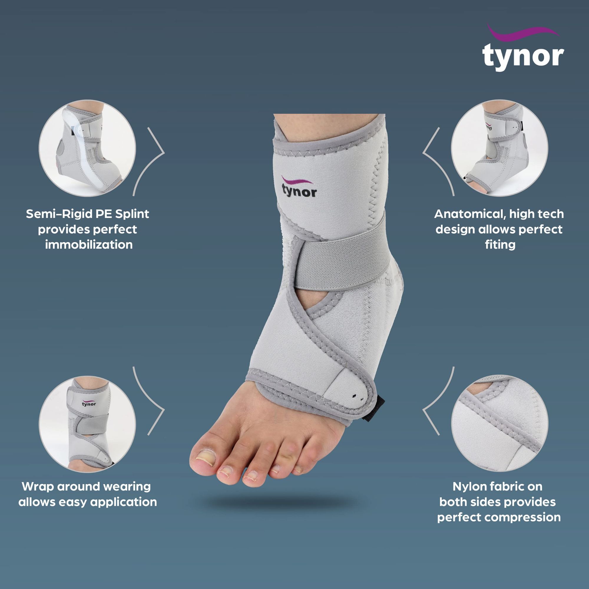 Picture of Tynor Ankle Support (Neoprene) is designed to give support, compression and controlled immobilization to weak or injured ankle. The stabilizing splint, supports the ankle where it is most needed, to prevent an ankle injury. it can be used in high impact Multicolor
