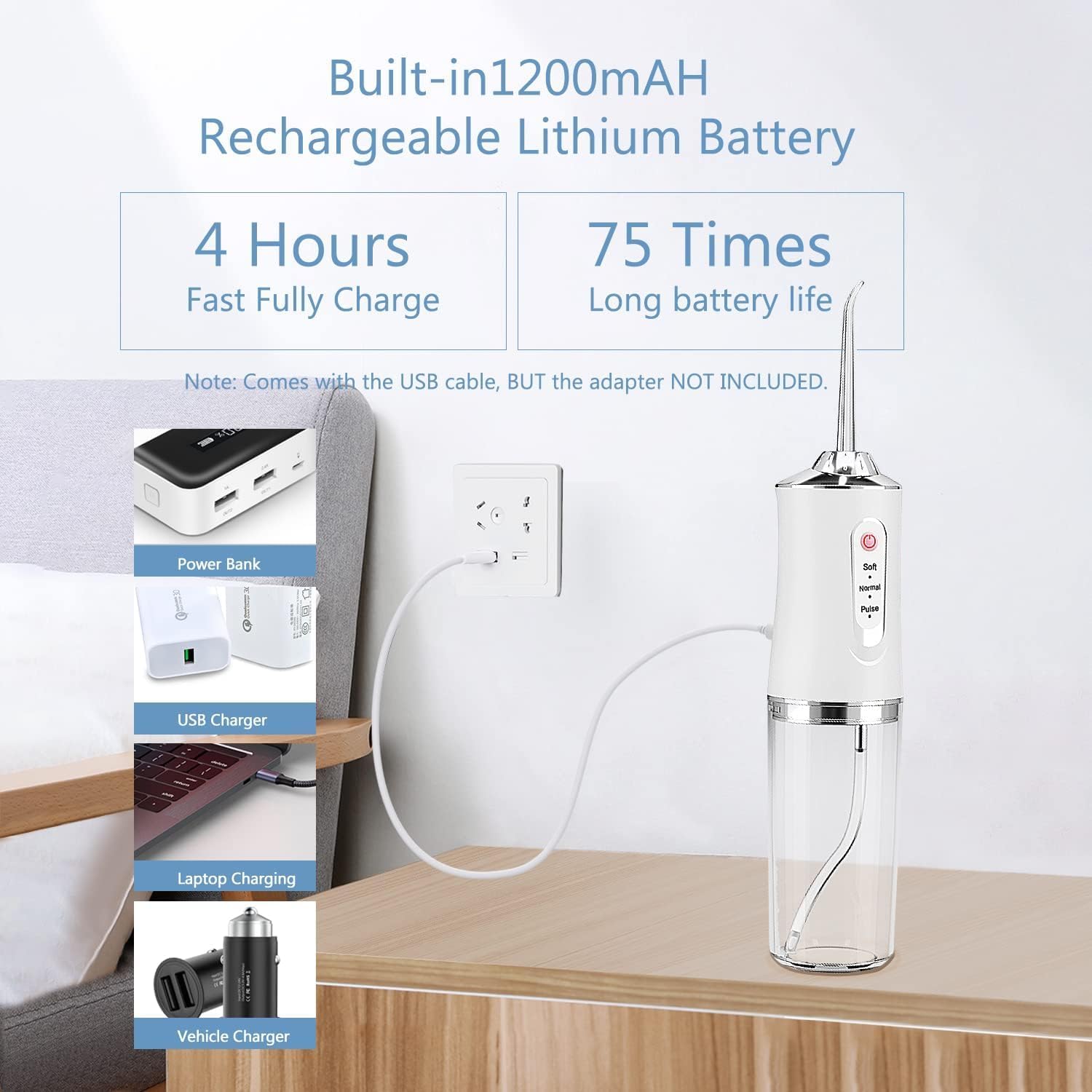 Picture of Water Dental Flosser Teeth Picks - 4 Jets 3 Modes Portable Cordless Water Flosser for Teeth Cleaner, IPX7 Waterproof Oral Irrigator Rechargeable for Travel Home,Gums, Braces Care White Multicolor