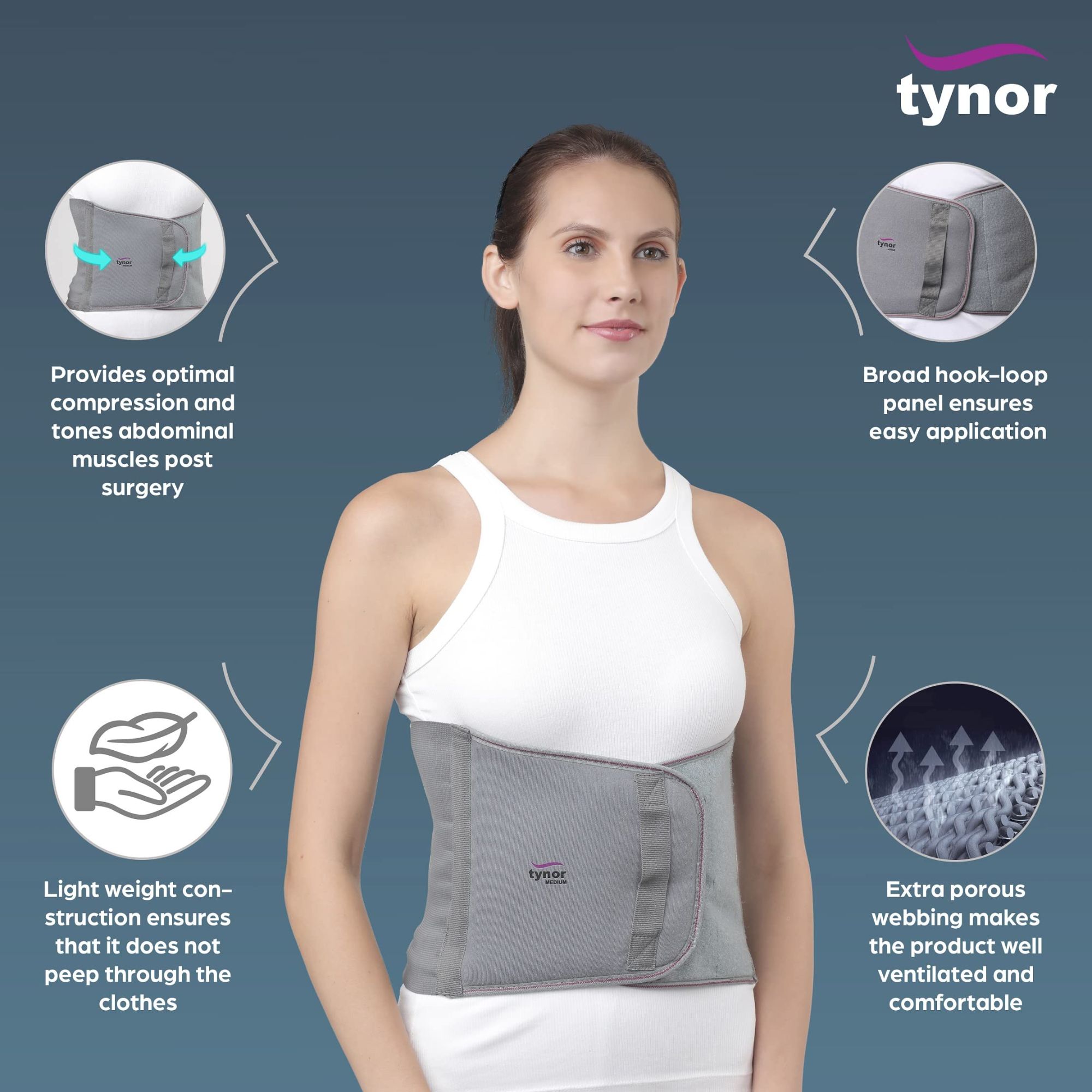 Picture of Abdominal Support Tynor Abdominal support?is a compression belt to support the abdomen and compress the abdominal muscles. Its used as a post operative aid, by mothers after delivery and for waist line reduction Multicolor
