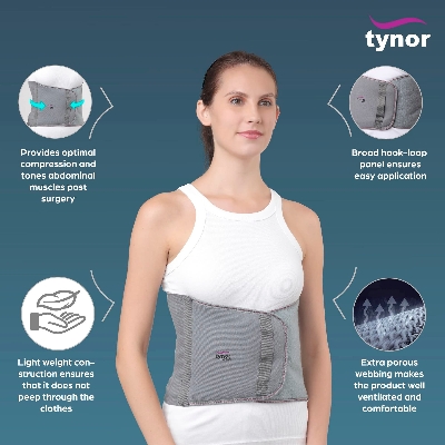 Picture of Abdominal Support Tynor Abdominal support?is a compression belt to support the abdomen and compress the abdominal muscles. Its used as a post operative aid, by mothers after delivery and for waist line reduction Multicolor