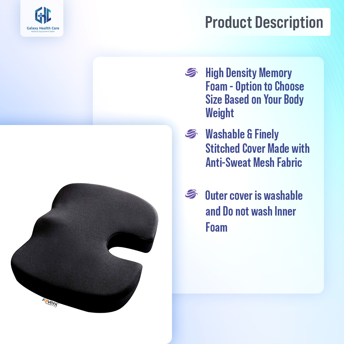 Picture of United Medicare Orthopedic Memory Foam Coccyx Seat Cushion for Tailbone Pain Relief – For Office/Home Chair Black