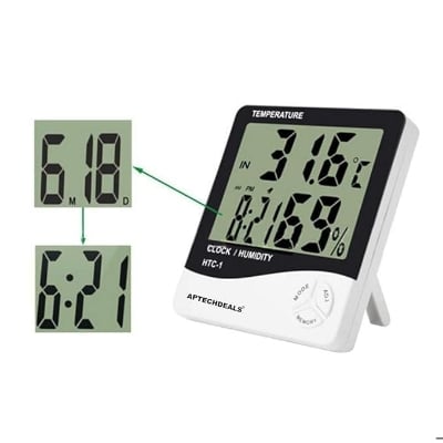 Picture of HTC-1 Room Thermometer with Humidity Incubator Meter and Accurate Temperature Indicator Wall Mounting LCD Digital Clock Monitor for Indoor/Outdoor (White)