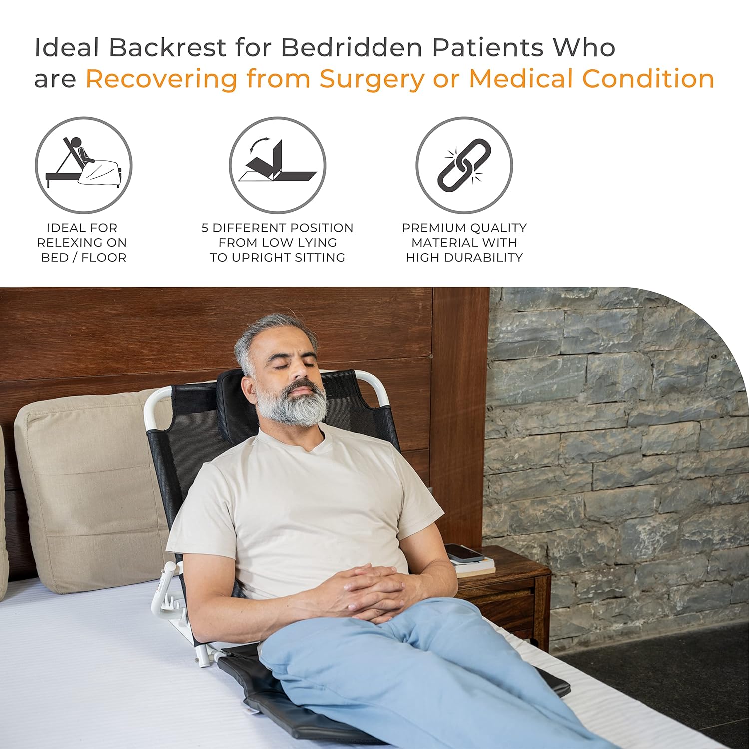 Picture of Adjustable Hospital Back Rest for Use on Bed, Back Support for Patient at Home, Multifunction, Large Size, 5 Changeable Recline Angles, Foldable & Portable (Pack of 1) Light Ash