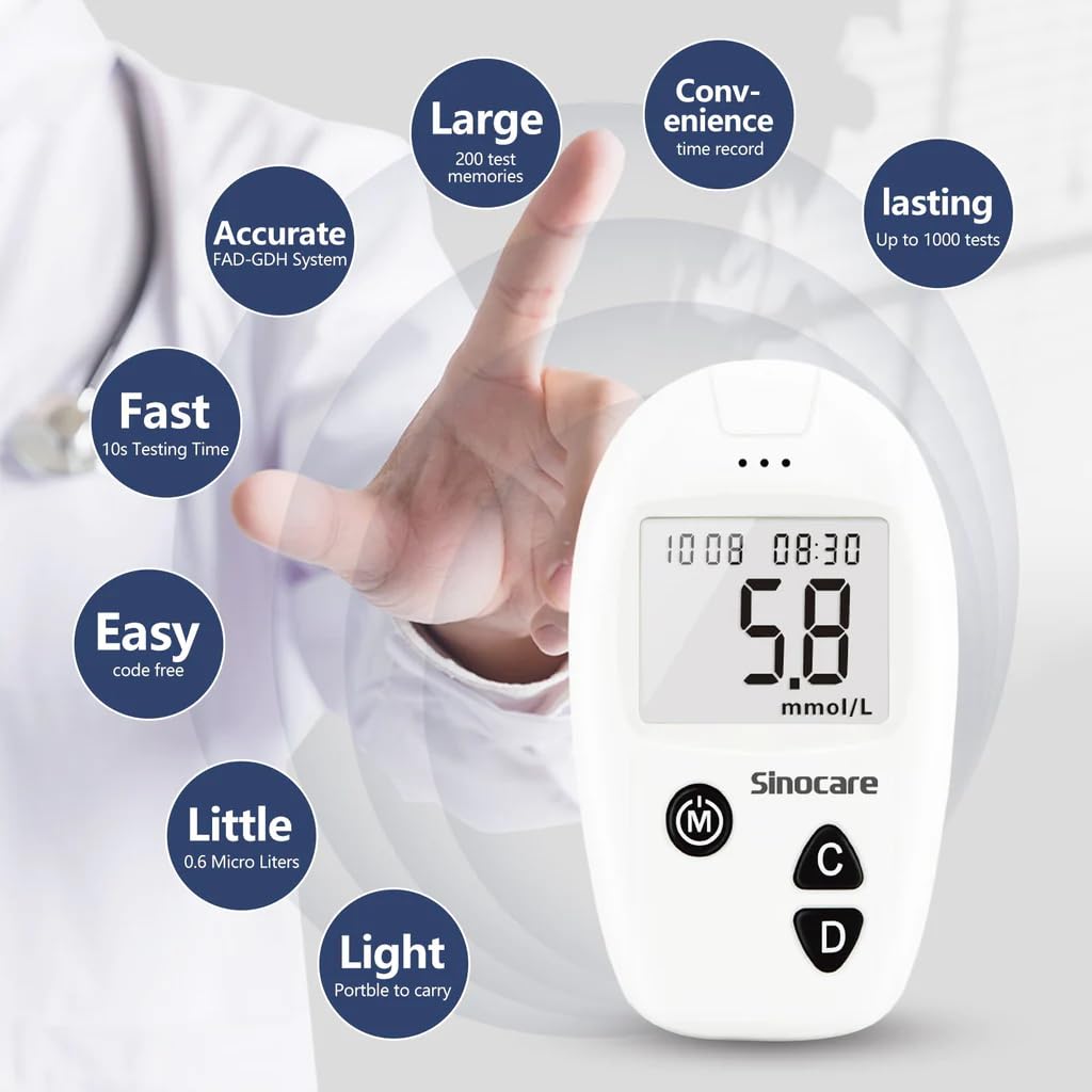Picture of SINOCARE SAFE ACCU Blood Glucose Monitor/Machine  With 25 Strips and Lancets, One Lancet Device  No Coding required, 200 Memory, Upto 28 Days Average  Safe, Accurate and Reliable Glucometer Multicolor
