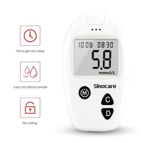Picture of SINOCARE SAFE ACCU Blood Glucose Monitor/Machine  With 25 Strips and Lancets, One Lancet Device  No Coding required, 200 Memory, Upto 28 Days Average  Safe, Accurate and Reliable Glucometer Multicolor
