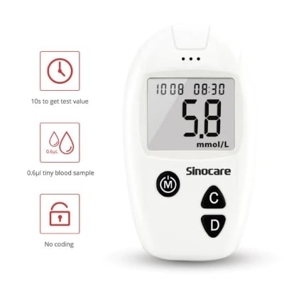 Picture of SINOCARE SAFE ACCU Blood Glucose Monitor/Machine  With 25 Strips and Lancets, One Lancet Device  No Coding required, 200 Memory, Upto 28 Days Average  Safe, Accurate and Reliable Glucometer Multicolor