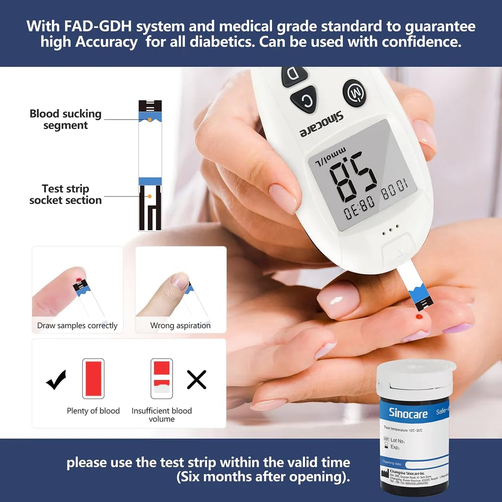 Picture of SINOCARE SAFE ACCU Blood Glucose Monitor/Machine  With 25 Strips and Lancets, One Lancet Device  No Coding required, 200 Memory, Upto 28 Days Average  Safe, Accurate and Reliable Glucometer Multicolor