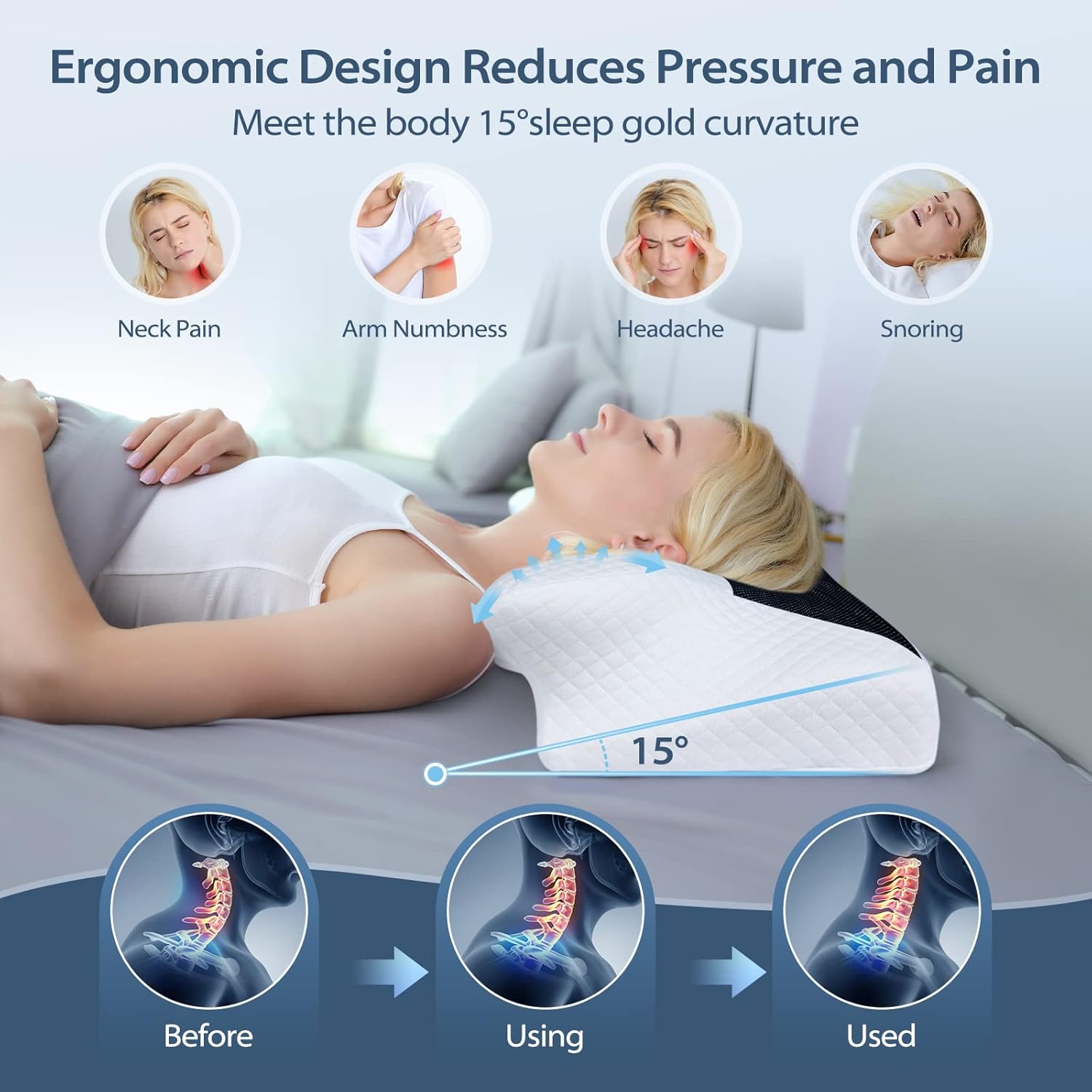 Picture of HOMCA Memory Foam Cervical Pillow 2 in 1 Ergonomic Orthopedic Neck Support Pillow – Contour Design for Neck Pain Relief  Side, Back & Stomach Sleepers Multicolor