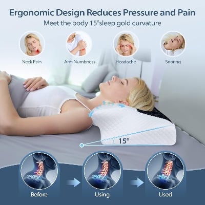 Picture of HOMCA Memory Foam Cervical Pillow 2 in 1 Ergonomic Orthopedic Neck Support Pillow – Contour Design for Neck Pain Relief  Side, Back & Stomach Sleepers Multicolor