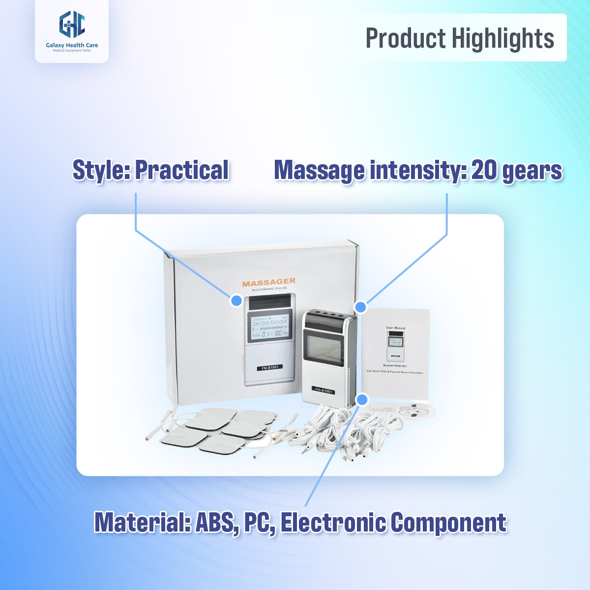 Picture of Tens Ems Muscle Steamulator 15 Mode 4 Output 8 Pad Pain Relief Electric Pulse Impulse Massure Machine Machine Machine Electrotherapy Machine Grey