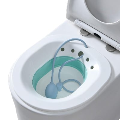 Picture of Sitz Bath, Sitz Bath for Hemorrhoids, Sitz Bath for Toilet Seat, Postpartum Care, Sits Bath Kit for Women, Collapsible, Flusher Hose, Drain Holes, Wider Seating Area, Deeper Bowl Multicolor