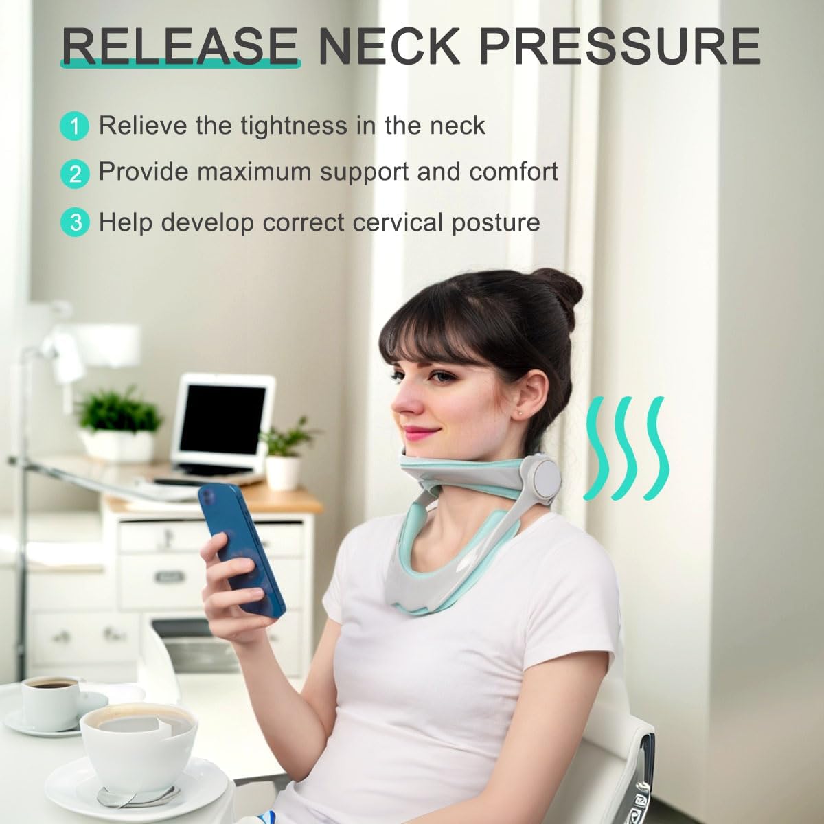 Picture of Neck Brace Soft Support, 360 Degree Adjustable Neck Stretcher, Prevent Head Bowing with Ergonomic Design, Suitable for Students, Office Workers Green Int: One size
