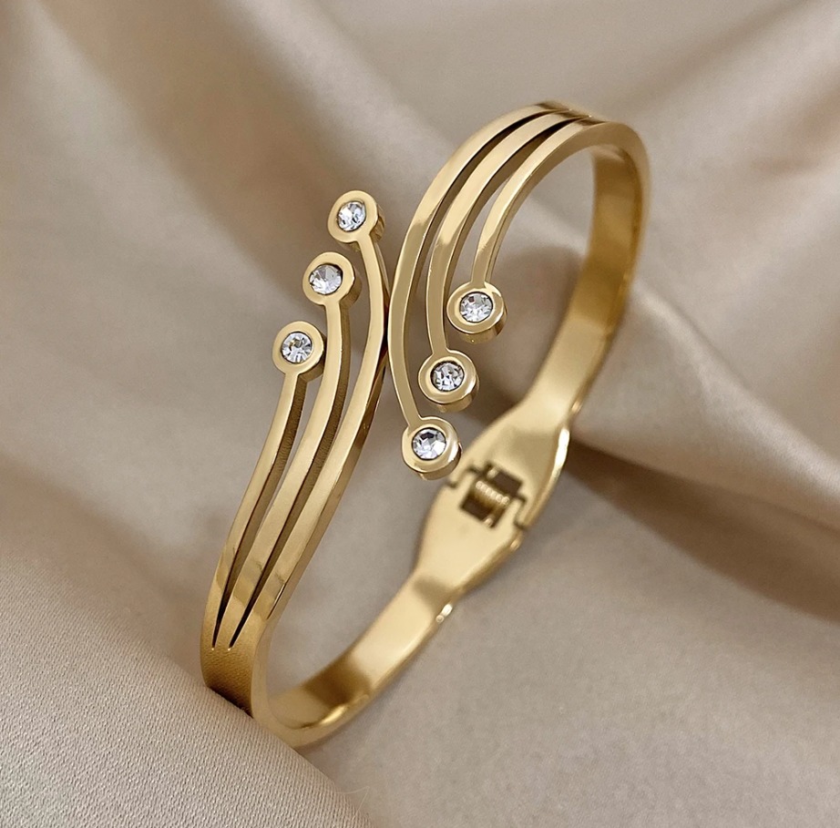 Picture of Elegant Charm Zirconia Stainless Steel Bangle Bracelet for Women Gold Color Cuff Bracelets Waterproof Wrist Jewelry Gift Gold
