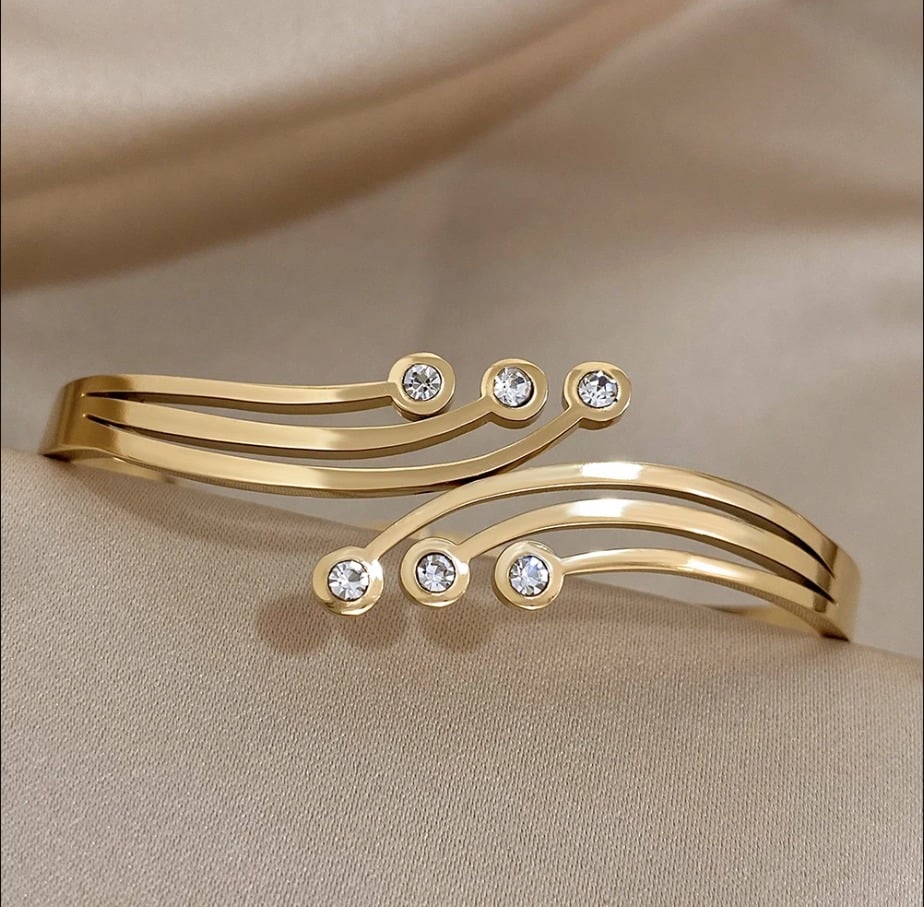 Picture of Elegant Charm Zirconia Stainless Steel Bangle Bracelet for Women Gold Color Cuff Bracelets Waterproof Wrist Jewelry Gift Gold
