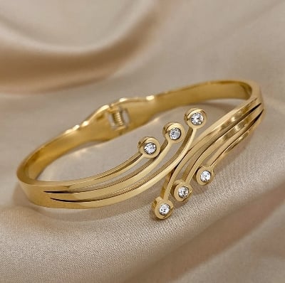 Picture of Elegant Charm Zirconia Stainless Steel Bangle Bracelet for Women Gold Color Cuff Bracelets Waterproof Wrist Jewelry Gift Gold