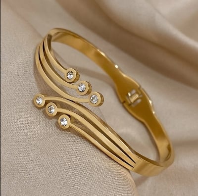 Picture of Elegant Charm Zirconia Stainless Steel Bangle Bracelet for Women Gold Color Cuff Bracelets Waterproof Wrist Jewelry Gift Gold