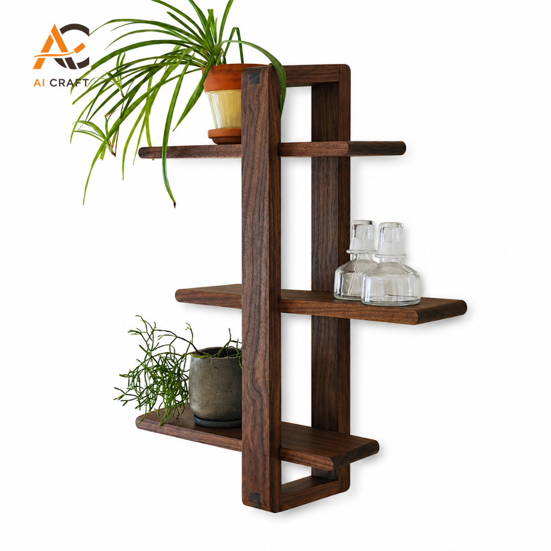 Picture of 3-Tier Solid Walnut Wall Shelf – Handmade Modern Floating Shelf