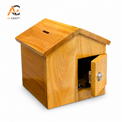 Picture of Premium Wooden House Money Bank with Lock