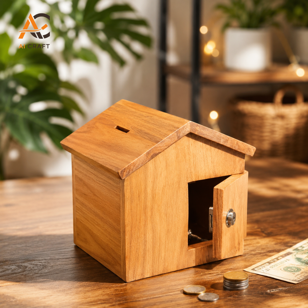 Picture of Premium Wooden House Money Bank with Lock