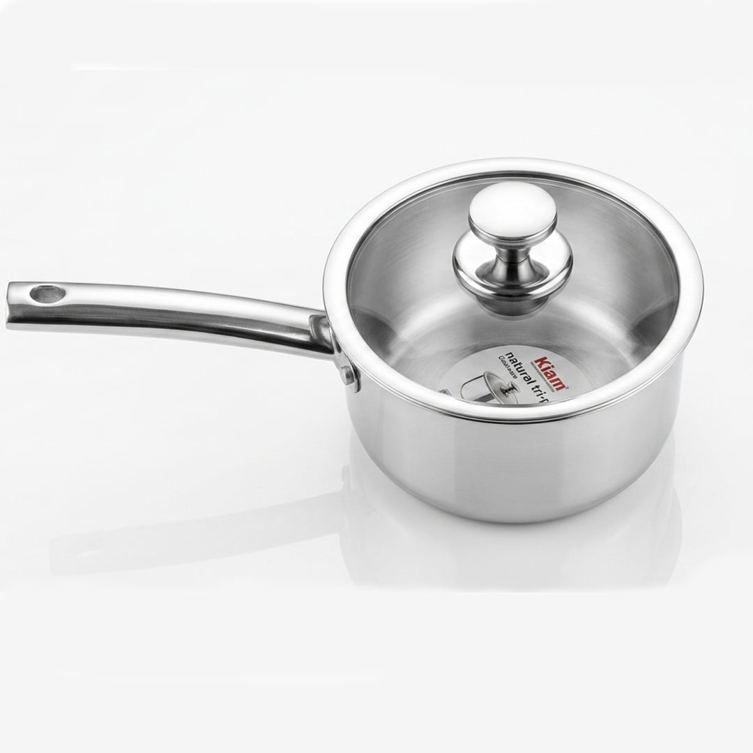 Picture of Kiam Stainless Steel Natural Tri-Ply Milk/Tea Pan With Glass Lid All Cooktops Compatible Non Toxic Sauce Pot with Stay Cool Handle & Dishwasher Safe